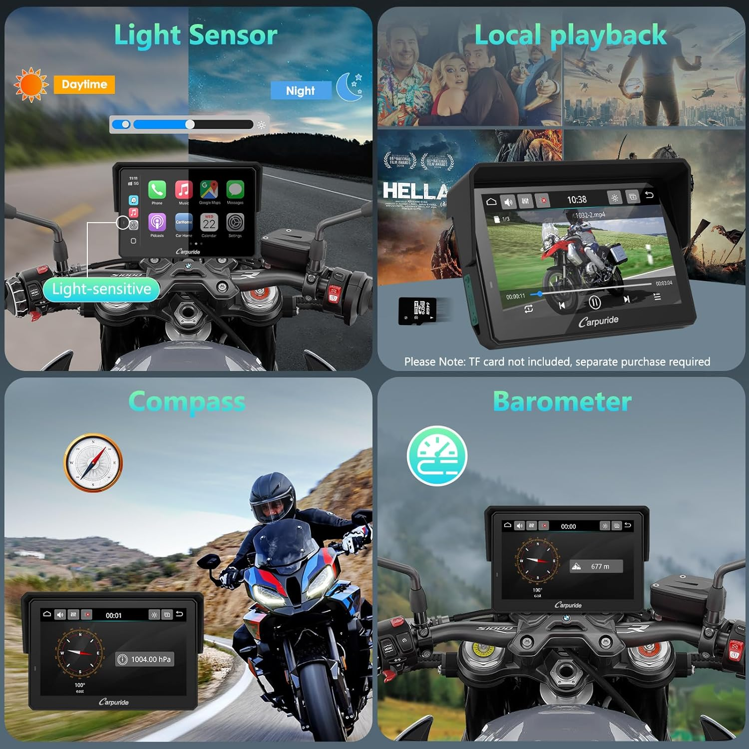 CARPURIDE W502BS PRO for BMW Motorcycle Carplay & Android Auto Dual Bluetooth, 5" Waterproof GPS Navigation Screen, Data Reading, Native Wonder, TPMS, Light Sensor, Music Sharing, Intercom, 16-Pin