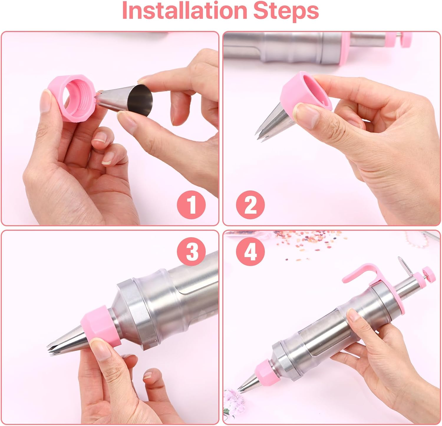 Icing Decoration Gun Set, Stainless Steel Dessert Decorating Syringe Set, Cupcake Frosting Filling Injector with 6 Icing Nozzles, 3 Cream Scraper, 2 Offset Spatula, 2 Nozzle Brush for Kitchen Baking image number 2