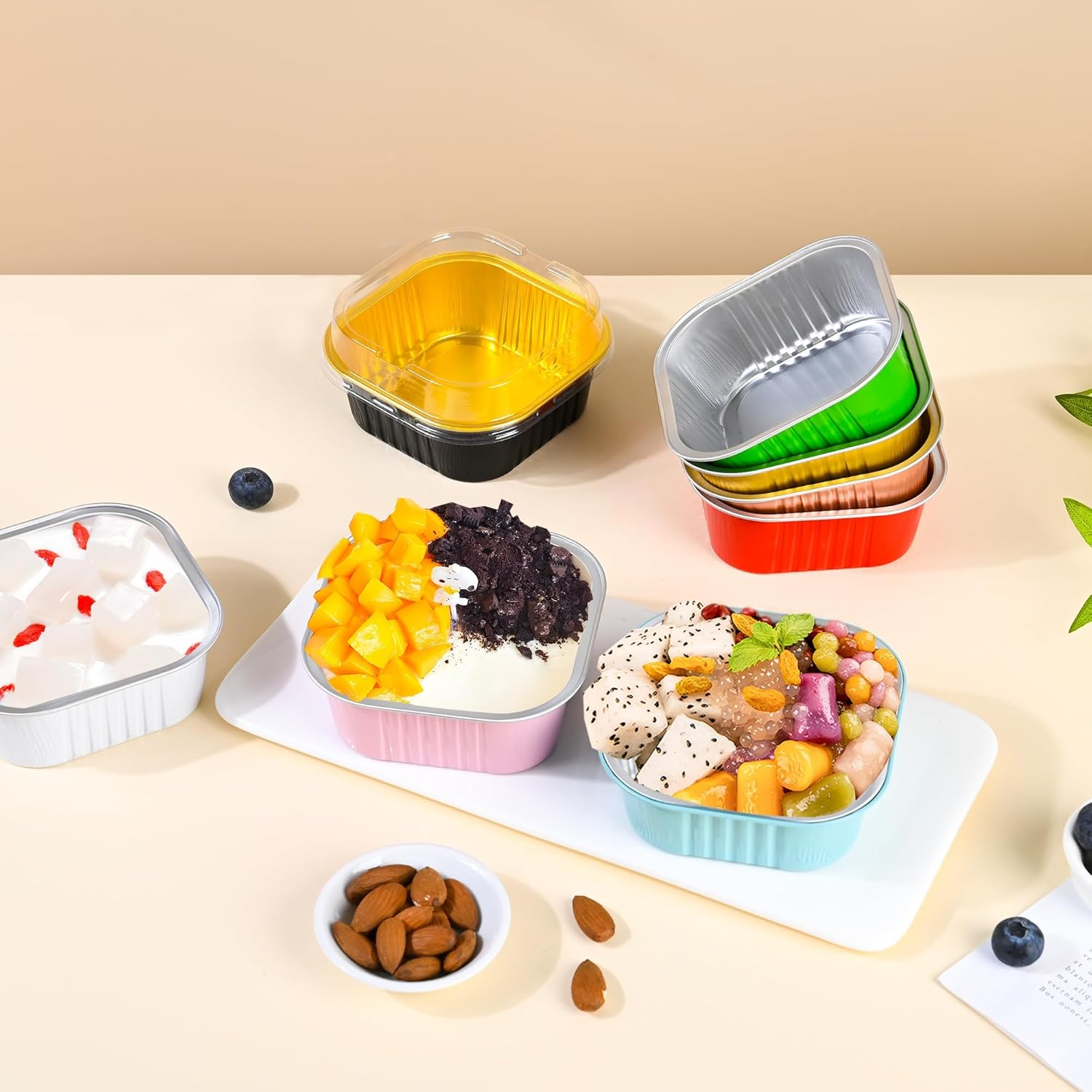 40 Pack Mini Cake Pans with Lids, 5Oz Square Aluminum Foil Brownie Baking Cups, Muffin Tin Ramekins, Disposable Dessert Cupcake Cups for Wedding Birthday Party, White - Blue image number 5