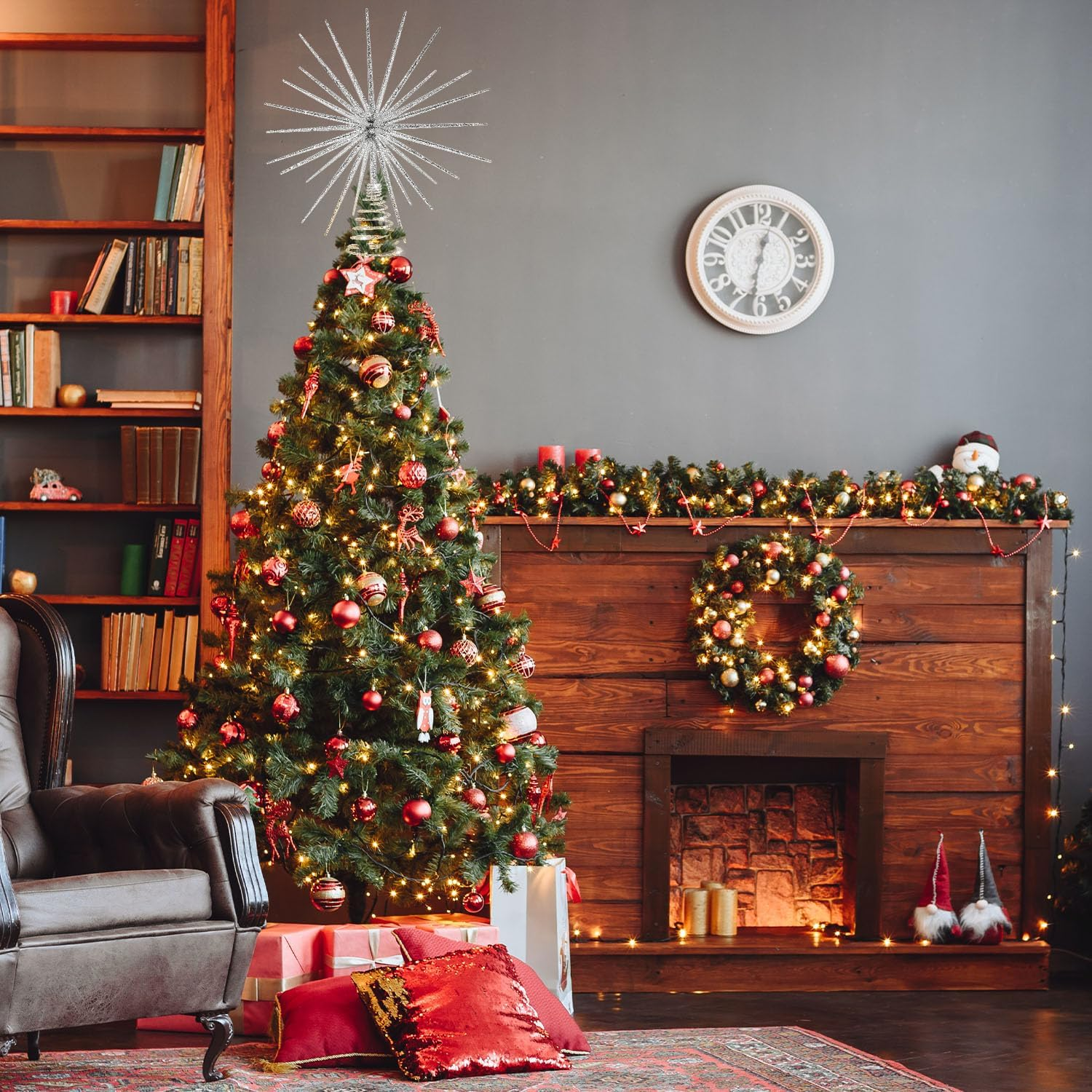 13.7 Inch Silver Christmas Tree Topper - 3D Burst Silver Tree Topper, Exploding Star Christmas Tree Decorations image number 5