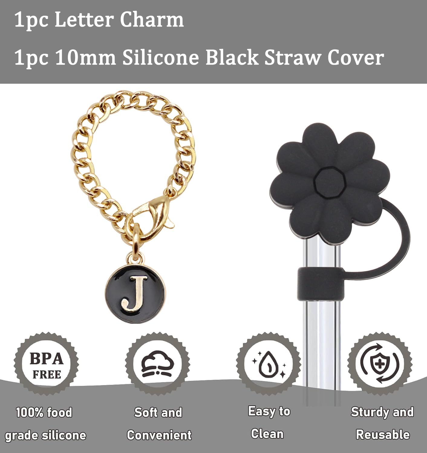 Stanley Cup Accessories, 1Pc Flower Stanley Straw Cover Silicone Straw Topper for Stanley 30&40 Oz Tumbler with Handle and 1Pc Initial Letter Charm for Stanley Cup (Letter J) - Letter A image number 5