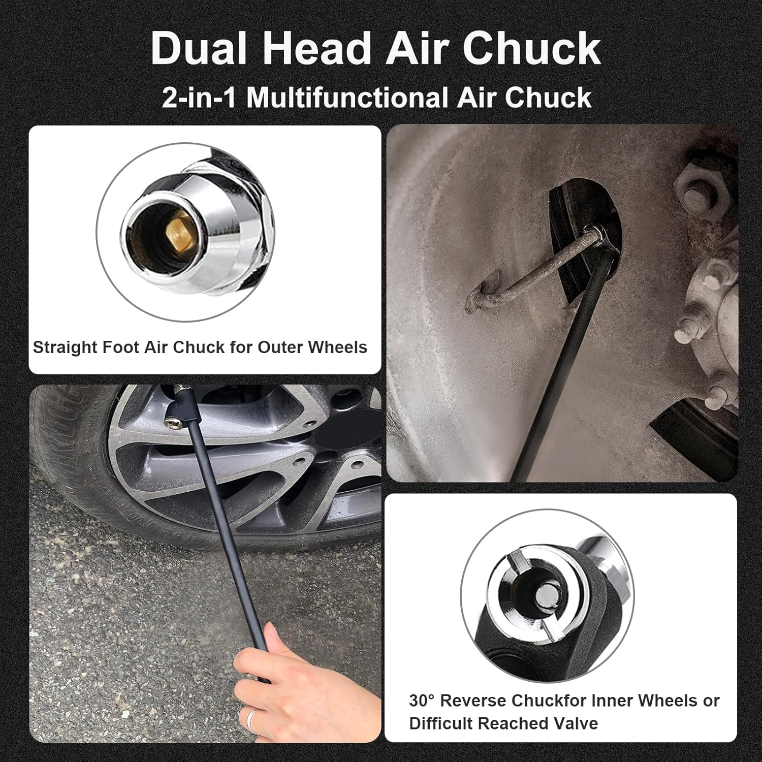 GODESON Air Chuck,12" Extended Reach Air Chucks for Tires，Heavy Duty Dual Head Air Chuck for Semi Tire Inflation,1/4" FNPT Straight Air Chuck for Truck RV Semi Dually Tires image number 6