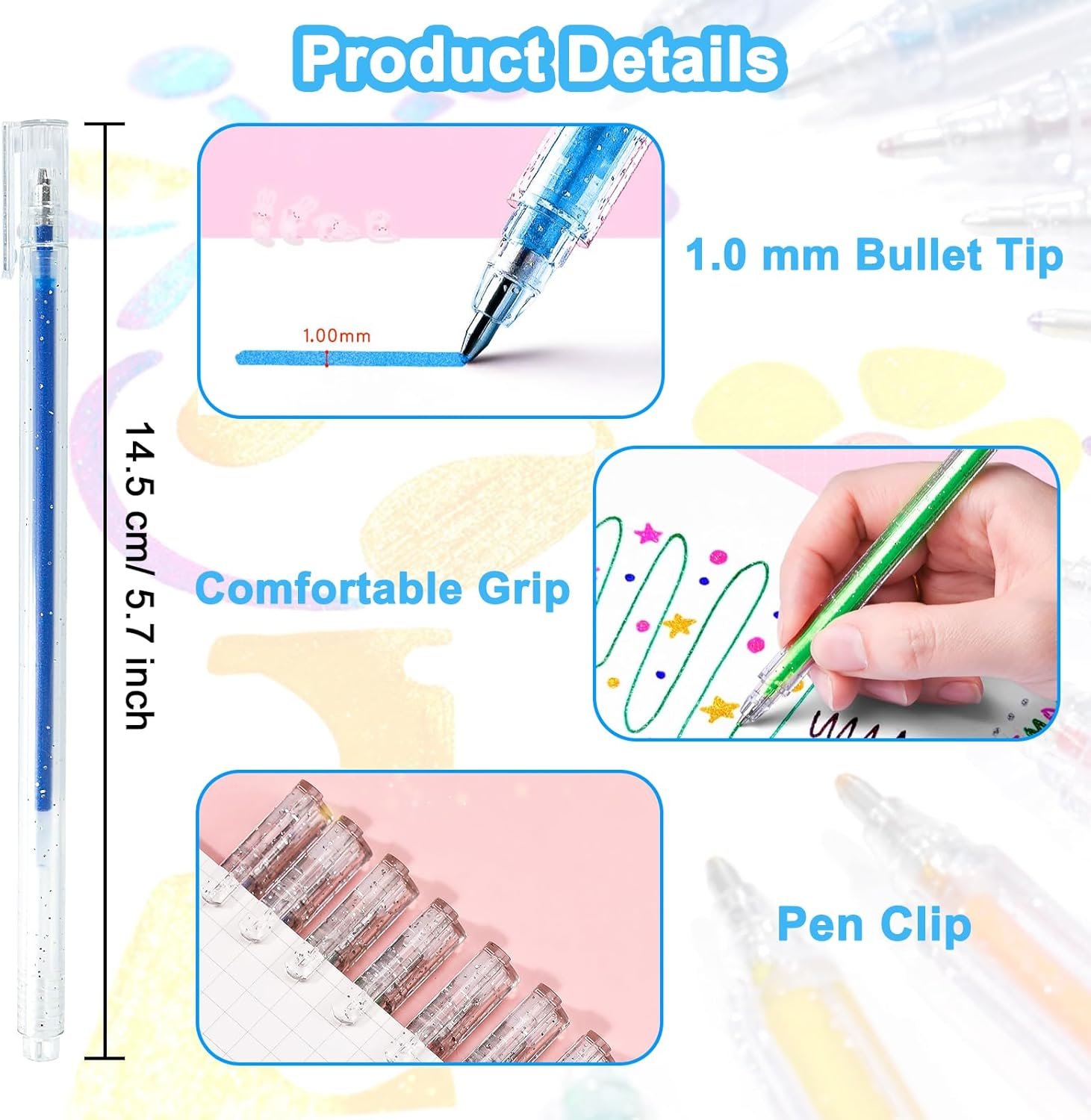 SAYEEC Glitter Gel Pens, 24 Colored Metallic Gel Pens Set, 1.0Mm Super Sparkle Gel Ink Pens, Art Glitter Paint Markers for Adult Coloring Books Scrapbook Journaling Drawing Doodling Note Taking Crafts - 24 Colors image number 3