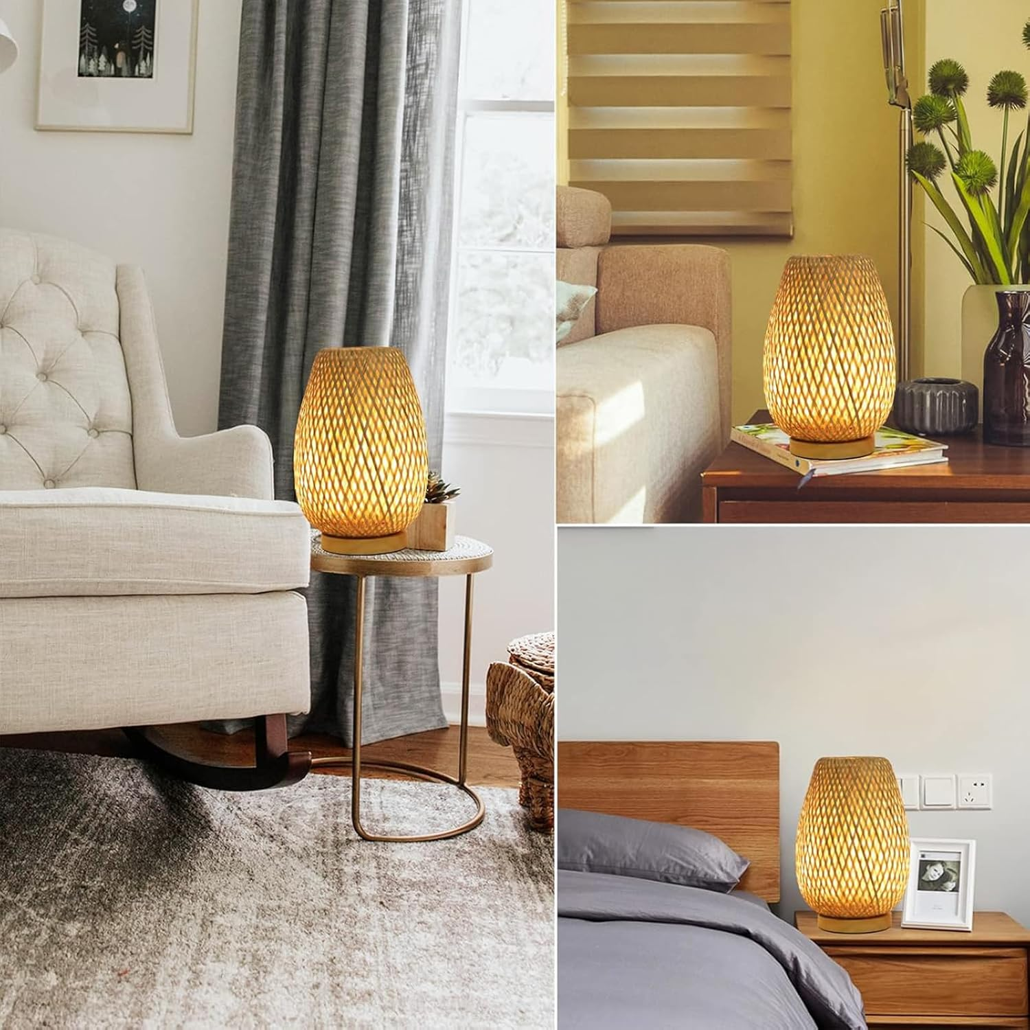 Handmade Bamboo Woven Table Lamp, 3 Color and Stepless Dimmable Small beside Lamp, Vintage Wooden Base Nightstand Lamp, Decorative Reading Light for Bedroom, Living Room, Kids Room. image number 5