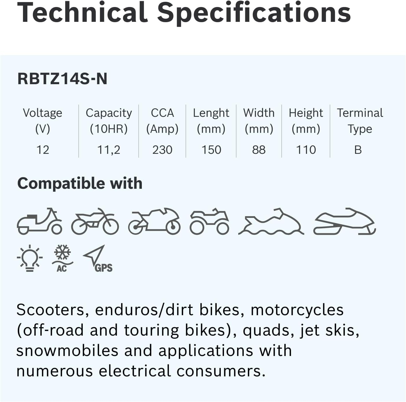 BOSCH AGM Motorcycle Battery, Powersport Battery M6 RBTZ14S-N Mega Power Ride - 12V, 11.2 A/H Rate, 230 CCA, Lead-Acid for Two-Wheeler Vehicles, Type B, Left (+) Right (-), 150 X 88 X 110 Mm image number 4