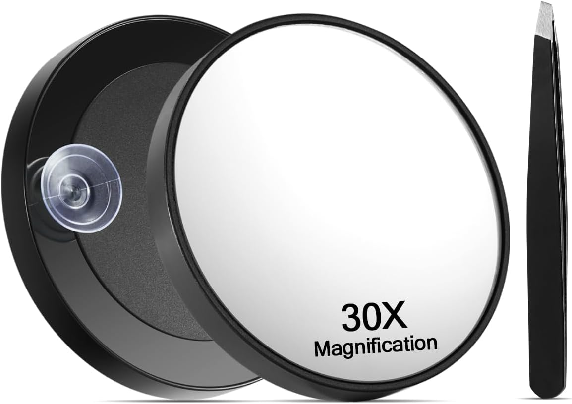 30X Magnifying Mirror with 2 Suction Cups, 3.5 Inches Magnified Makeup Mirror and Slant Tweezers,Black,1Pc image number 1