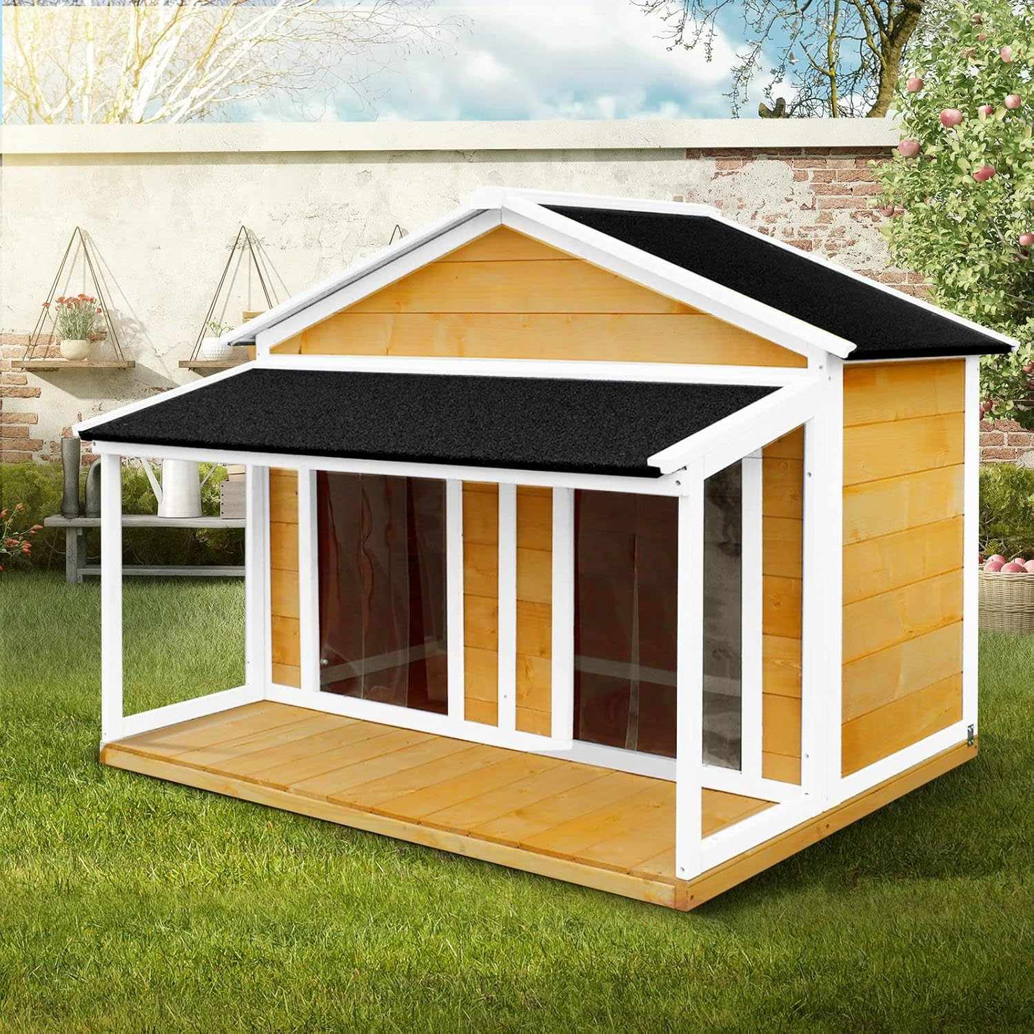 Wooden Dog House Kennel Raised Puppy Pet Shelter Home Outdoor inside with Porch Window Door Asphalt Roof XL