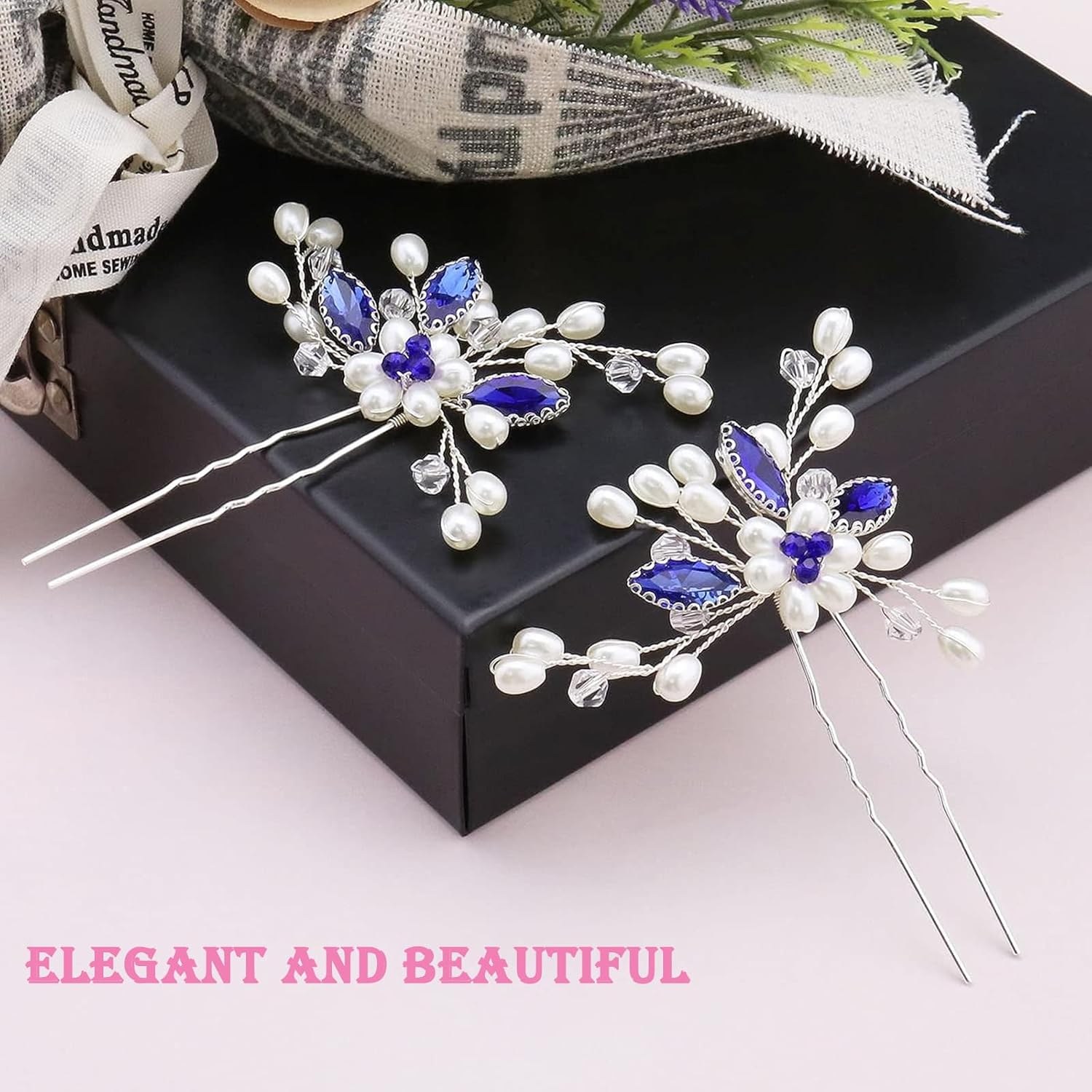 Xinlon Pack of 2 Hair Accessories Girls, U-Shaped Bridal Hair Pins, Hair Accessories Wedding Blue, Crystal Beads, Bridal Hair Comb for Bridesmaids, Brides, Wedding, Ball, Party, Stage Shows image number 6