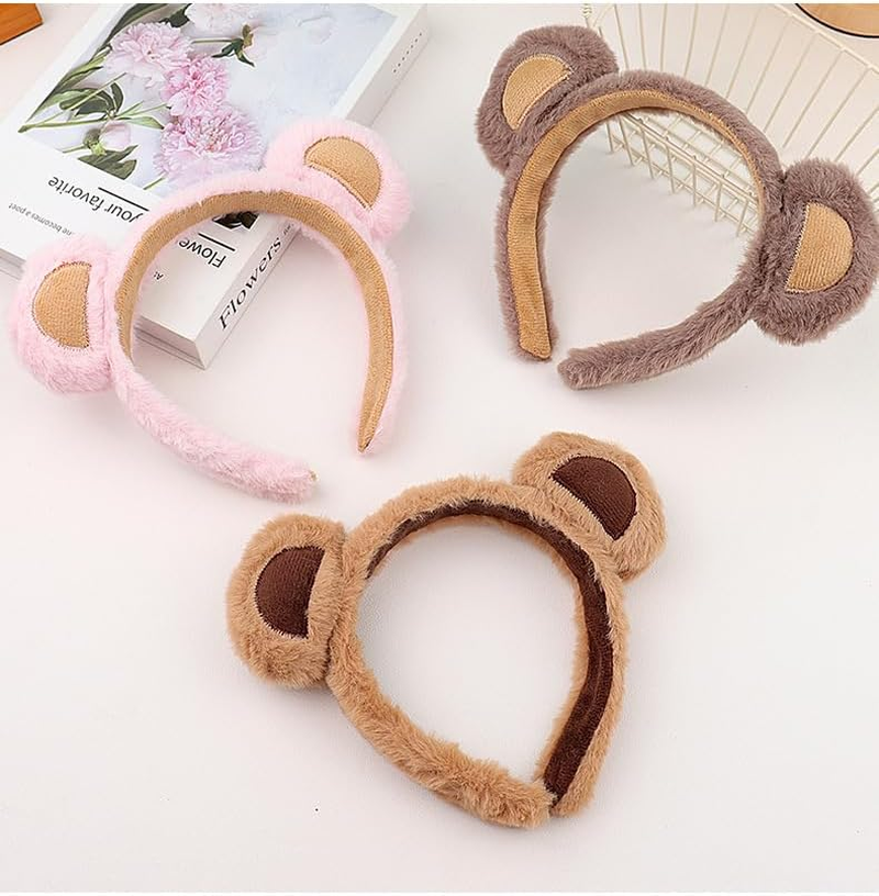 OHEETU Brown Bear Ears Headband Fluffy Animal Ear Hairband Soft Plush Headwear for Makeup Halloween Cosplay Costume Parties image number 1