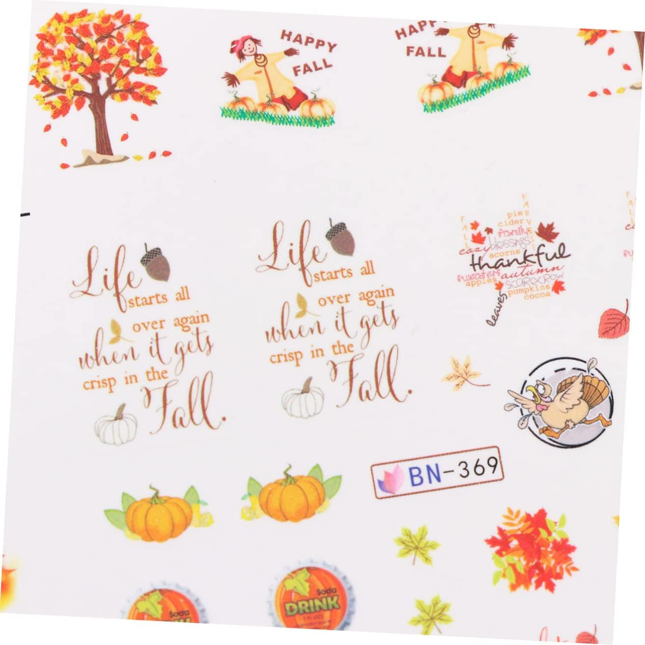 2PCS Halloween Nail Decals Fall Fingernail Sticker Autumn Nail Art Stickers Thanksgiving Nail Decals Water Transfer Maple Leaf Miss Adhesive Big Sheet image number 6