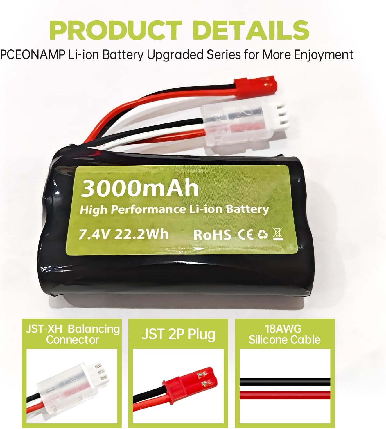 Fytoo 2PCS 7.4V 3000Mah 15C 2S Li Ion Battery with JST-2P Plug and 2In1 Charger for UDIRC UD1601 UD1602 SG1603 RC Car 1/10, 1/12, 1/16 Ratio RC Car Truck RC Ship Drone Engineering Vehicle Battery image number 4