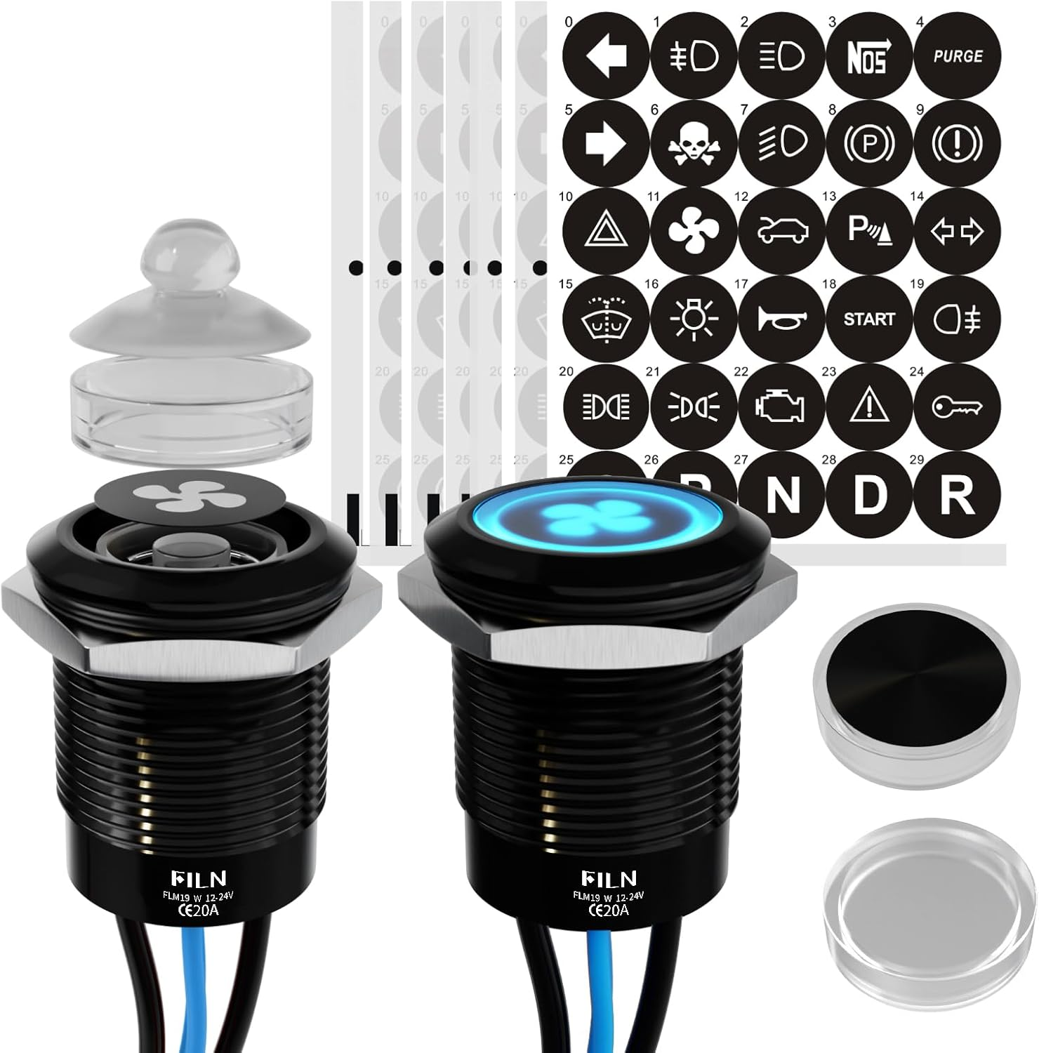 FILN-2PCS Latching Pushbutton Switch Power Includes 180 Replacement Symbols 12V 19Mm Mounting Hole 20A IP67 Waterproof for Cars Boat(Green)