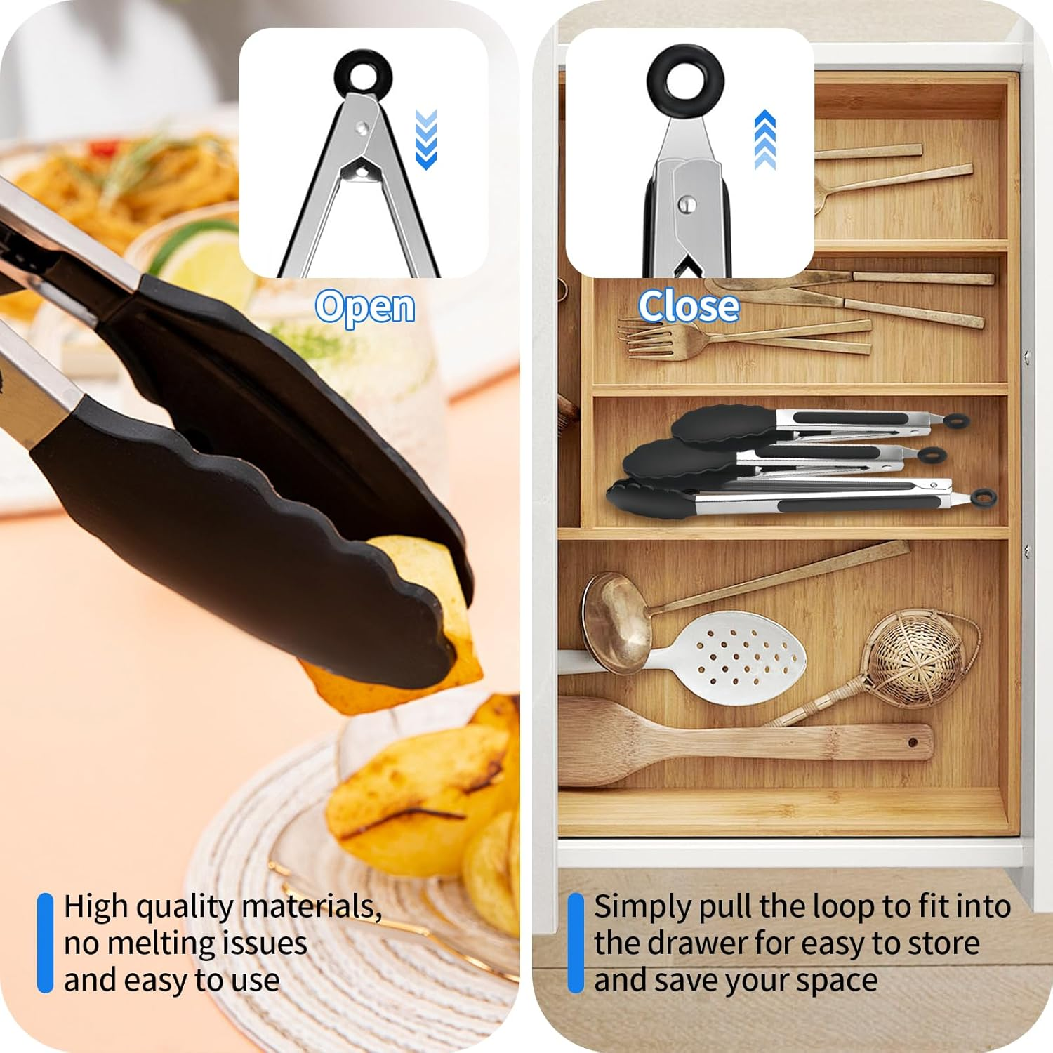 Silicone Tongs Set of 3, Stainless Steel Kitchen Tongs 18/23/30 Cm with Non-Stick Tips, Heat Resistant Cooking Utensils for Grill BBQ Frying Salad Serving (Black) image number 4