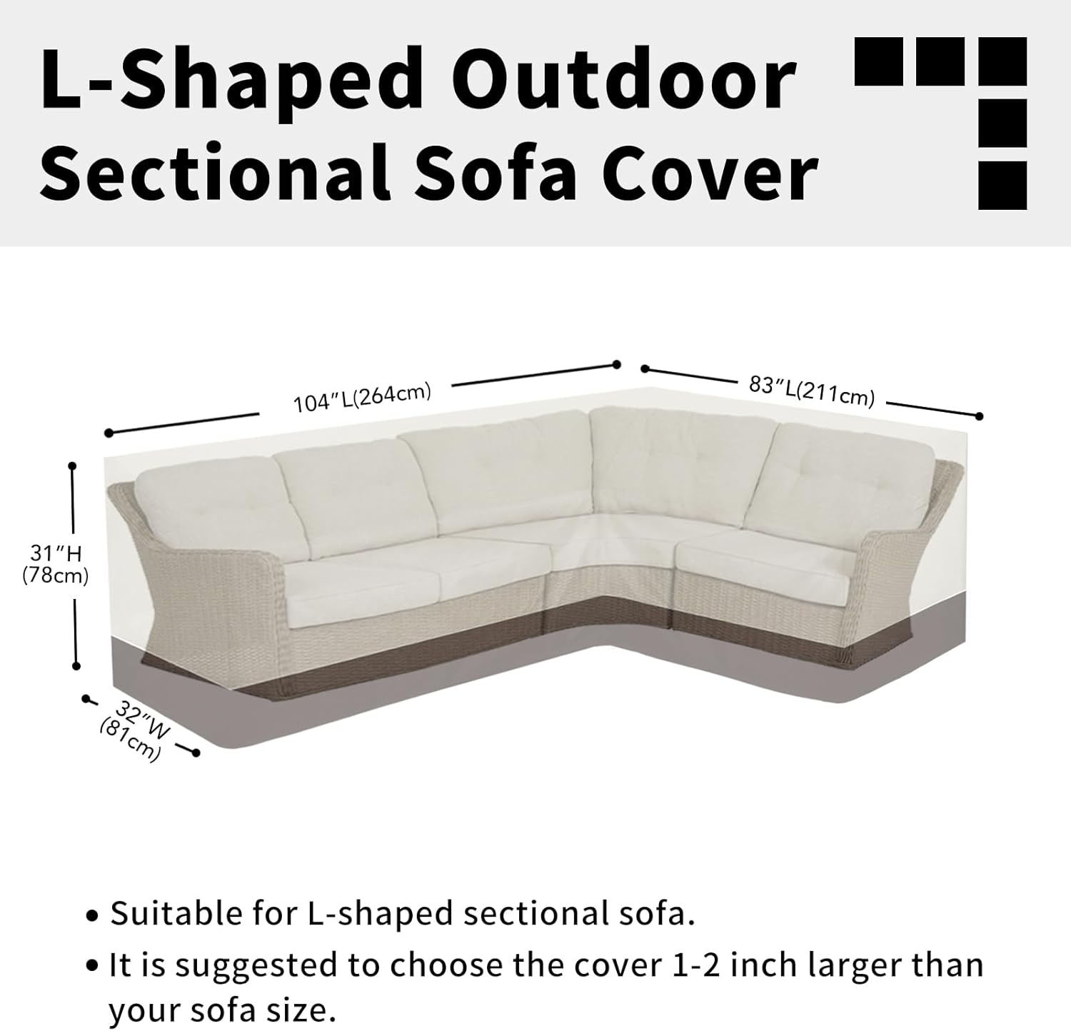 Easy-Going Outdoor L-Shaped Sectional Sofa Rain Cover 104''X83'' UV Resistant Patio Sectional Couch Waterproof Lawn Patio Furniture Cover (Right Facing, Beige/Brown) image number 6