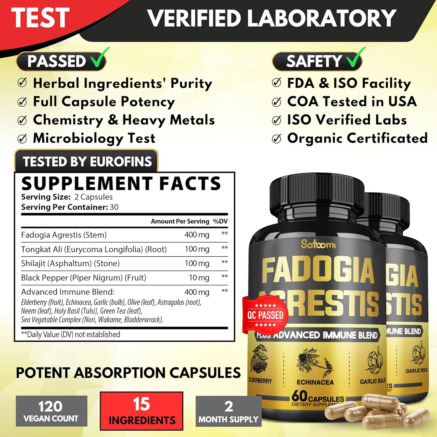 SATOOMI 15In1 Fadogia Agrestis Supplement - Tongkat Ali Root, Shilajit, Black Peper, Elderberry & More - 2 Packs 60 Caps for 2 Months image number 5