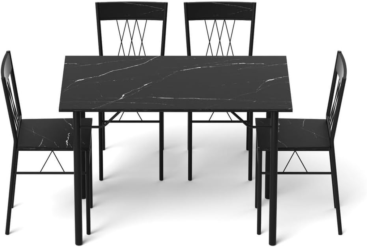 Artiss 5PC Modern Dining Table Set for 4, Black Marble Look Kitchen Table and Chairs, Compact Metal Frame Breakfast Nook Furniture for Small Apartment Home image number 2