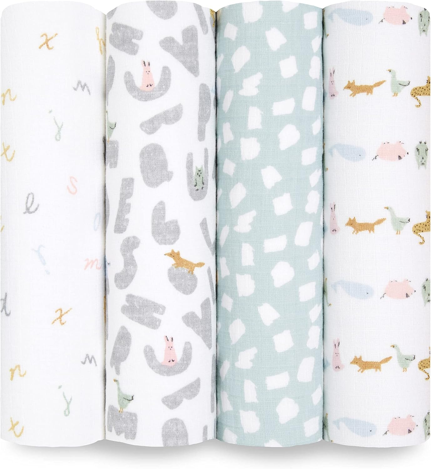 Aden + Anais Essentials Swaddle Blanket, Boutique Muslin Blankets for Girls & Boys, Baby Receiving Swaddles, Ideal Newborn & Infant Swaddling Set, Perfect Shower Gifts, 4 Pack, Alphabet Animals