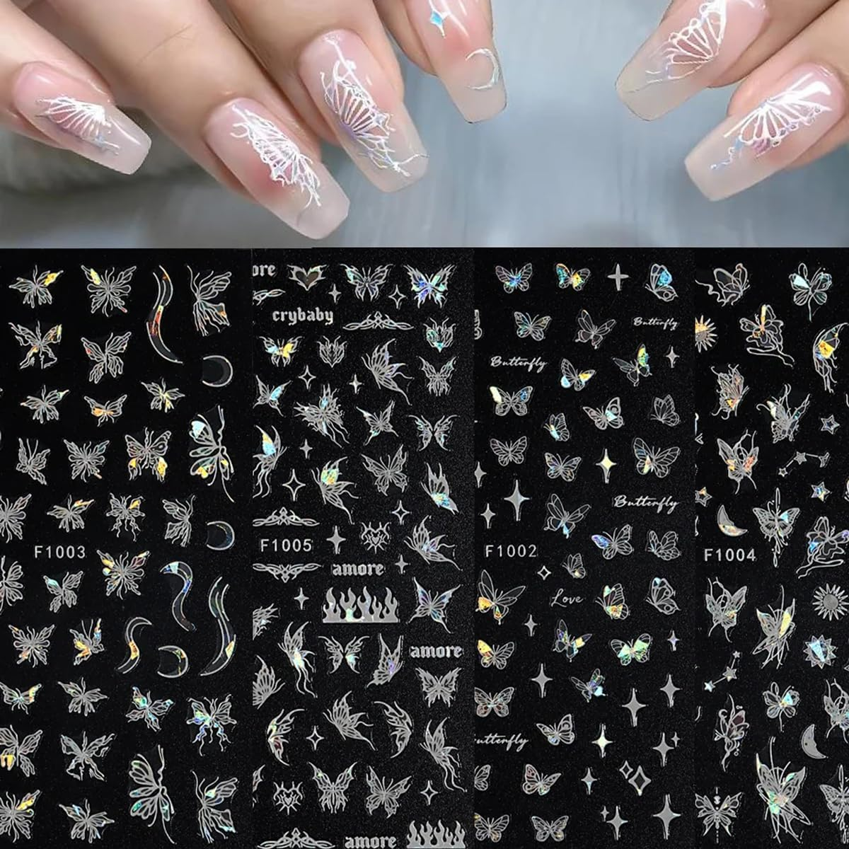 8 Sheet Black White Butterfly Nail Art Stickers 3D Butterflies Nail Decals for Women 3D Holographic Laser Butterfly Sparkly for Nail Designs Butterfly French Glitter DIY Nail Charm Manicure Decoration image number 3