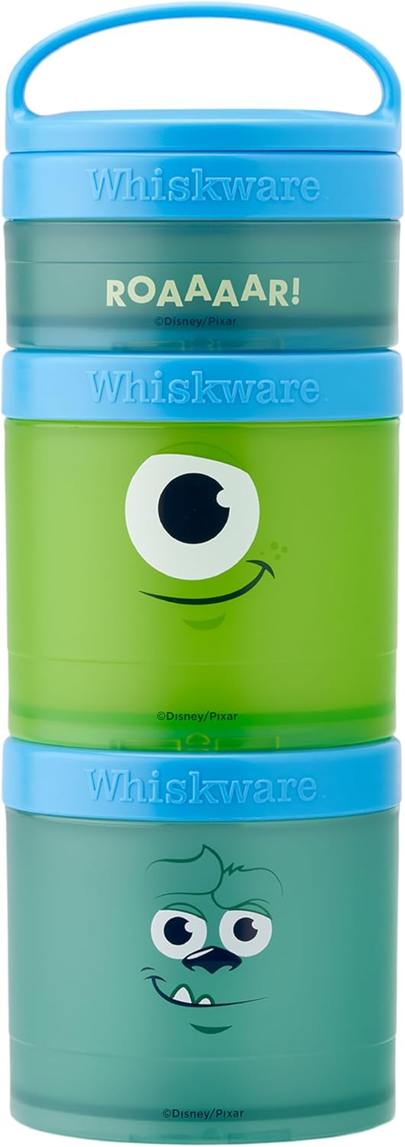 Whiskware Disney Pixar Stackable Snack Containers for Kids and Toddlers, 3 Stackable Snack Cups for School and Travel, Monsters Inc Mike Wazowski and Sulley
