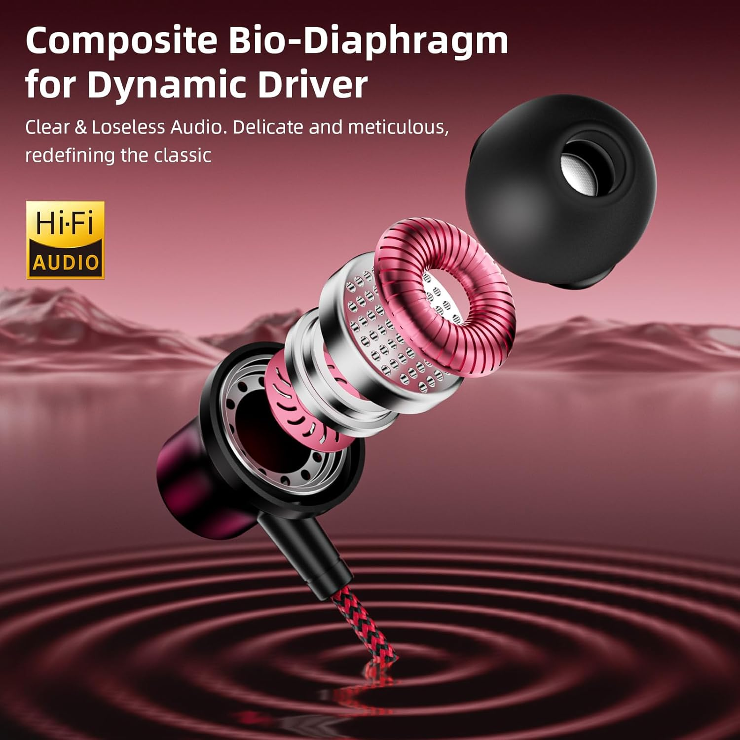 Jiunai Wired Earbuds Mic in Ear Wired Earphone 3.5 Mm Jack Magnetic Snap Noise Isolated Corded Ear Bud for Iphone Galaxy A15 A25 Ipad Surface Fire CD Player Commute Essential Gradient Black Red image number 3