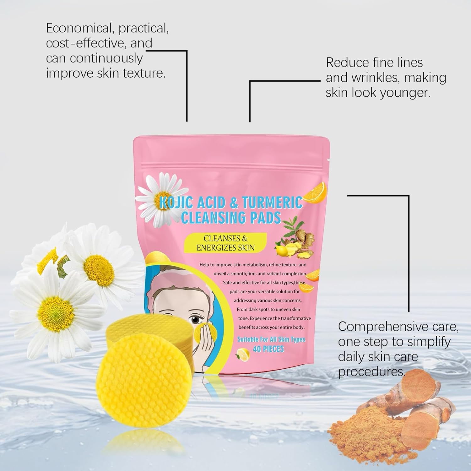 Turmeric Kojic Acid Pads, Kojic Acid and Turmeric Pads, Face Scrub Pads, Turmeric Cleansing Pads for Face, Essentials Kojic Acid Turmeric Pads for Cleansing and Exfoliating (80PCS) - 120Pcs image number 5