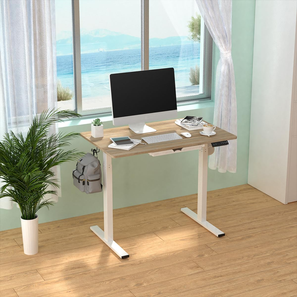 Anshine 100 X 60Cm Electric Standing Desk, Height Adjustable Stand Desk with Drawers,Sit Stand Computer Home Office Desk (Oak Top White Legs) image number 4