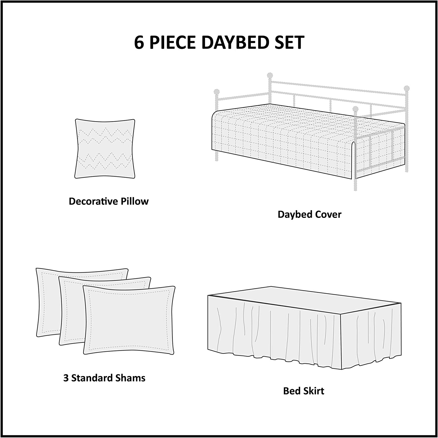 Madison Park Daybed Cover Set - Double Sided Quilting Casual Design, All Season Bedding with Bedskirt, Matching Shams, Decorative Pillow, 75"X39", Diamond Aqua 6 Piece