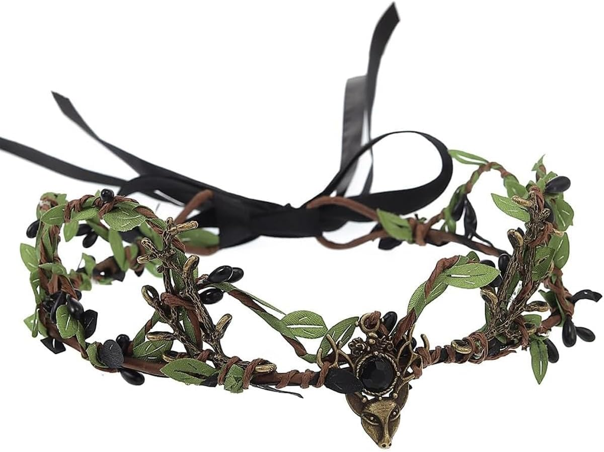 AIMALL Green Leaf Wreath Crown Hair Band with Adjustable Ribbon - Elven Fairy Bride Bridesmaid Headwear for Wedding, Photo Props, and Fantasy-Themed Events image number 1