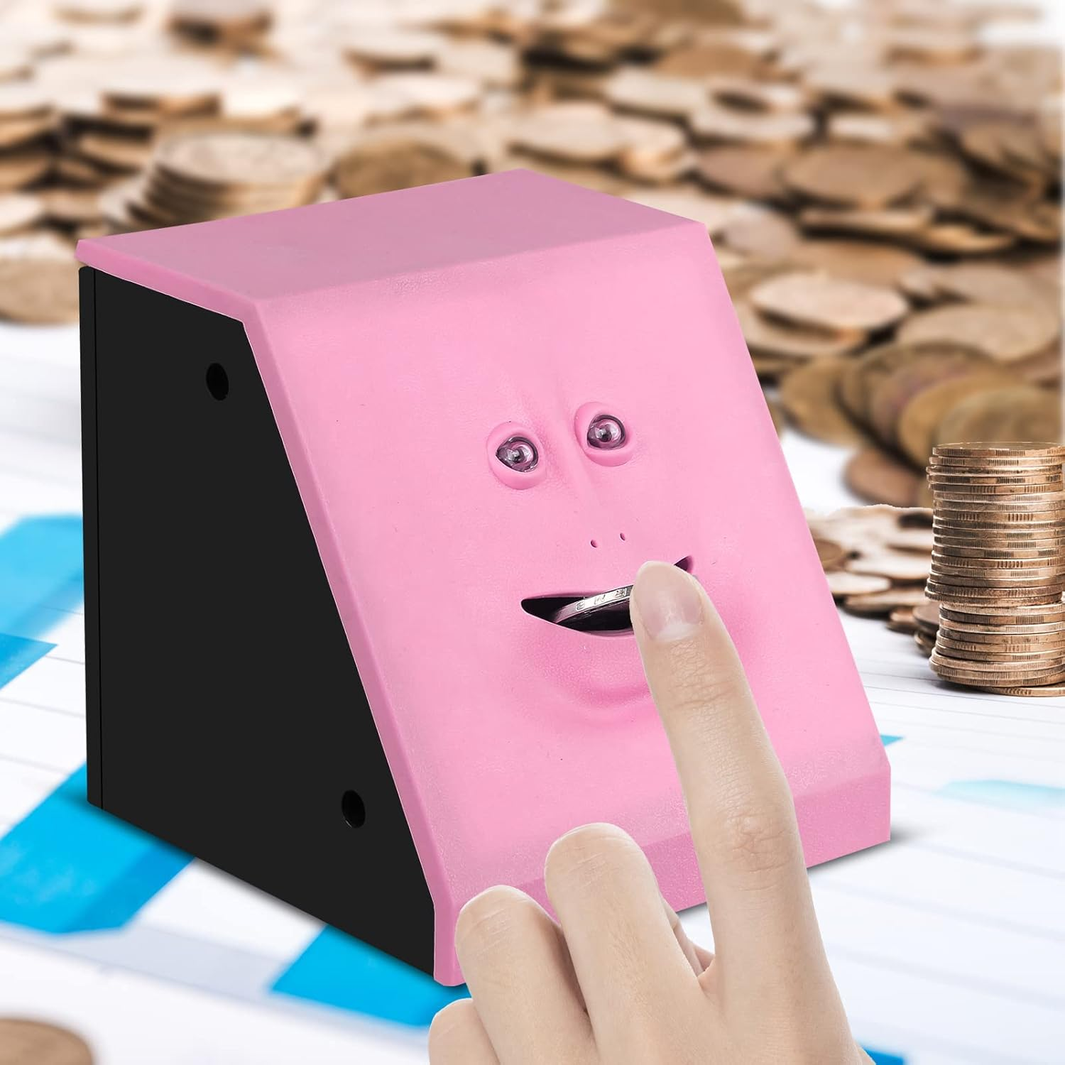 Blingbin Coin Eating Saving Bank Face Monkey Battery Operated Novelty Saving Box Piggy Bank for Kids - Brick Blue image number 3