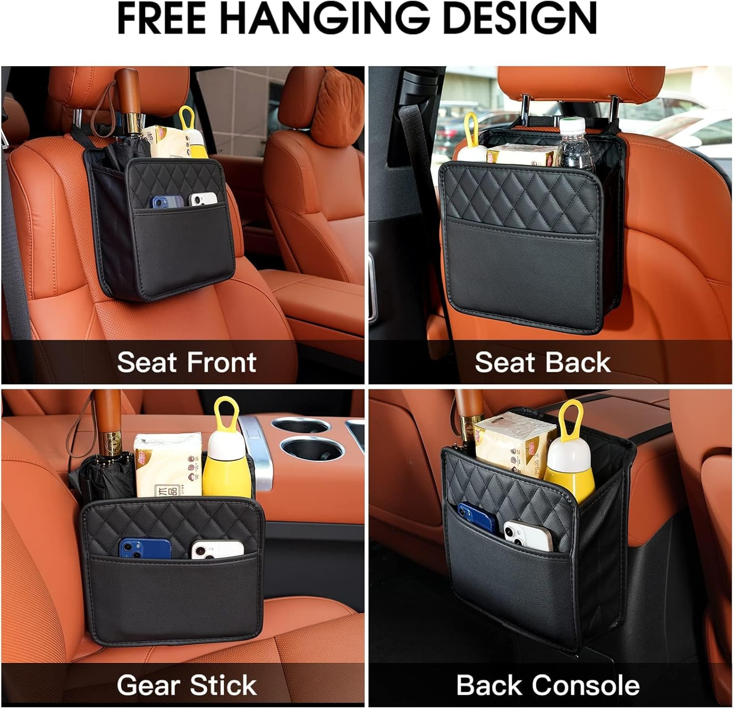 2-Pack Leather Automotive Backseat Hanging Storage Pocket，Seat Back Organizer， Bottle Bag Storage Box Organizer ，Travel Tidy Pouch Pocket，Universal for Most Cars（Black）