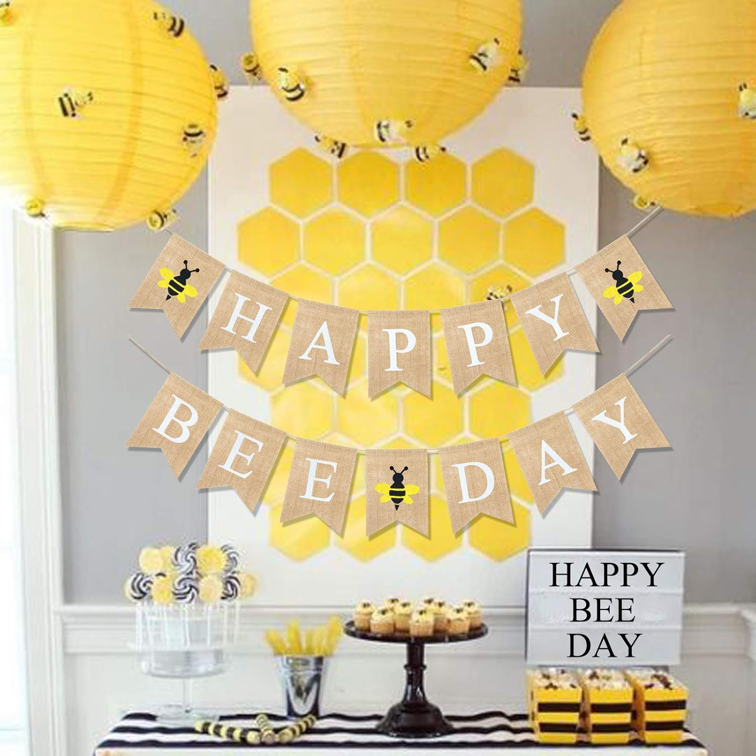 Uniwish Happy Bee Day Burlap Banner Bumblebee Themed Baby Shower Birthday Party Decorations Rustic Gifts for Boys Girls image number 3
