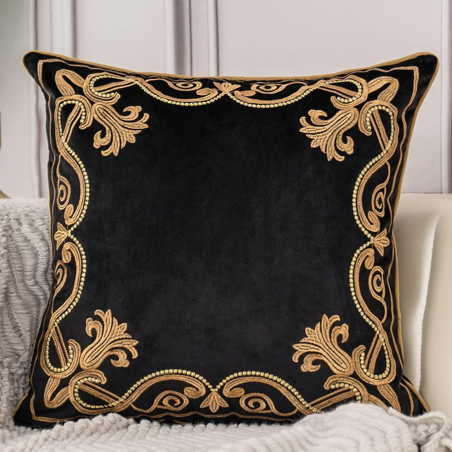 Aeckself European Floral Pillow Cover 12X20 Inch, Luxury Velvet Embroidered Decorative Lumbar Throw Pillow Cover for Couch Bedroom Living Room, Black and Gold
