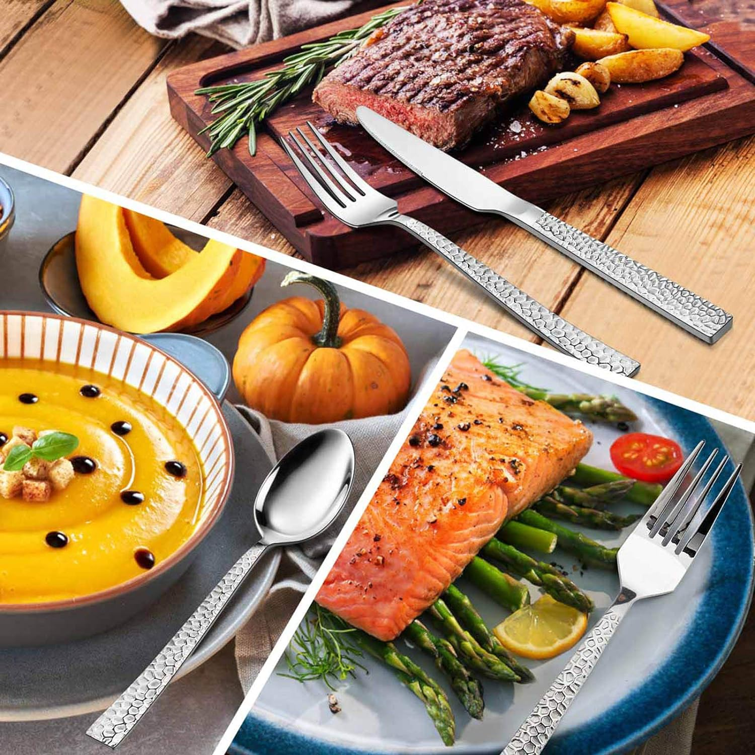 E-Far Hammered Silverware Set, 40-Piece Stainless Steel Square Flatware Set for 8, Metal Tableware Cutlery Set Includes Dinner Knives/Forks/Spoons, Modern Design & Mirror Polished - Dishwasher Safe