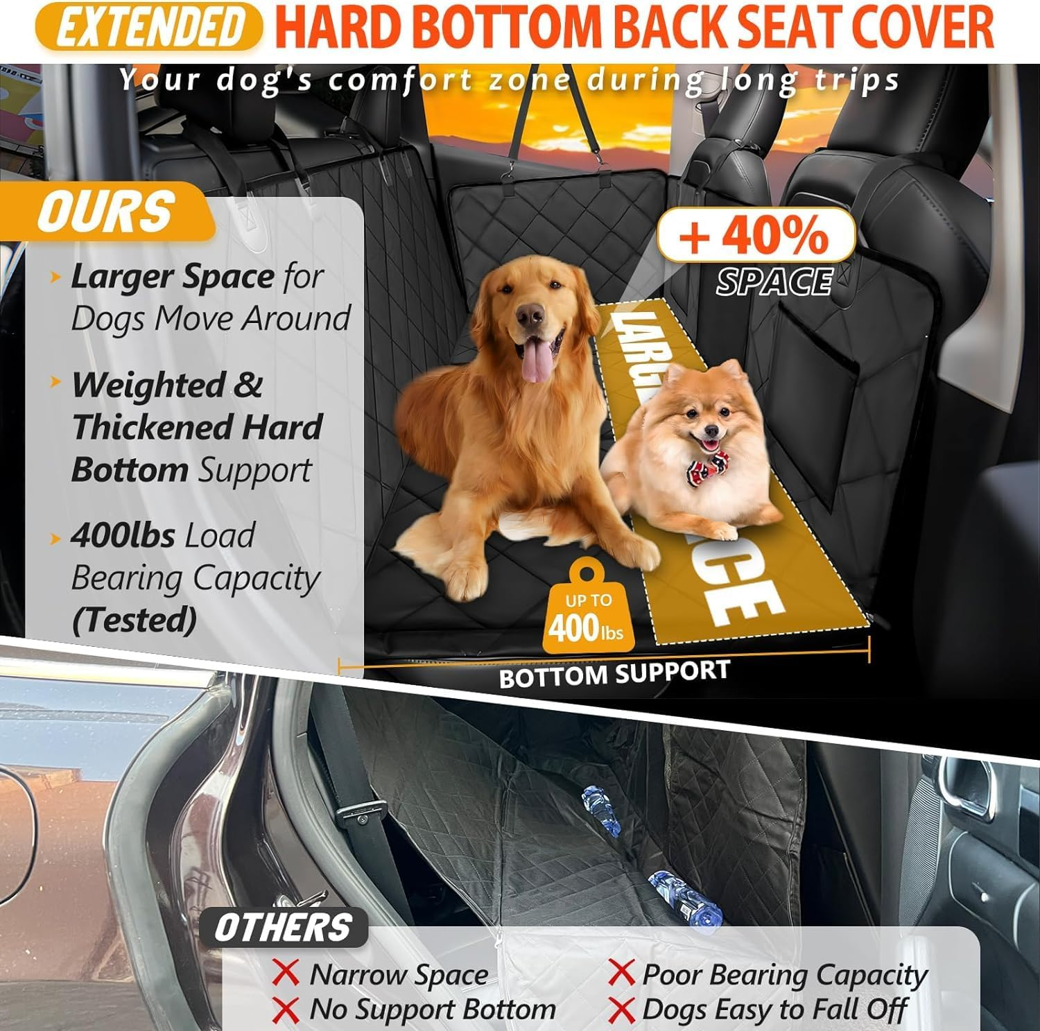 Back Seat Extender for Dogs - Dog Car Seat Cover with Hard Bottom Dog Car Seat Bed Waterproof Dog Hammock for Car Pet Backseat Protector with Mesh Window and Storage Pocket for Car, SUV