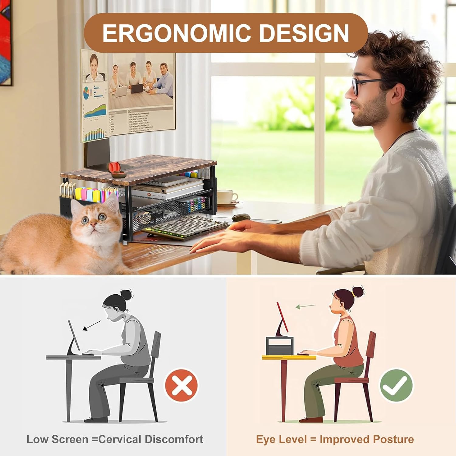 2 Tier Monitor Stand, 16 Inches Monitor Stand Riser with Drawer & 2 Pen Holders, Wooden Desktop Monitor Stand for Tv/Screen/Computer/Laptop image number 5