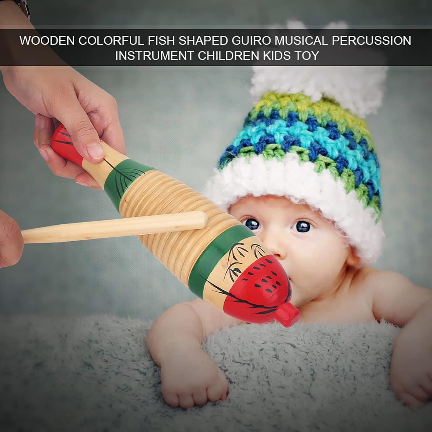 Guiro, 8.3 Inch Fish Shaped Latin Percussion Musical Instrument, Wooden Colorful Guiro Instrument, Frog Instrument for Beginners and Professional Band Accompaniment with Sticks image number 5