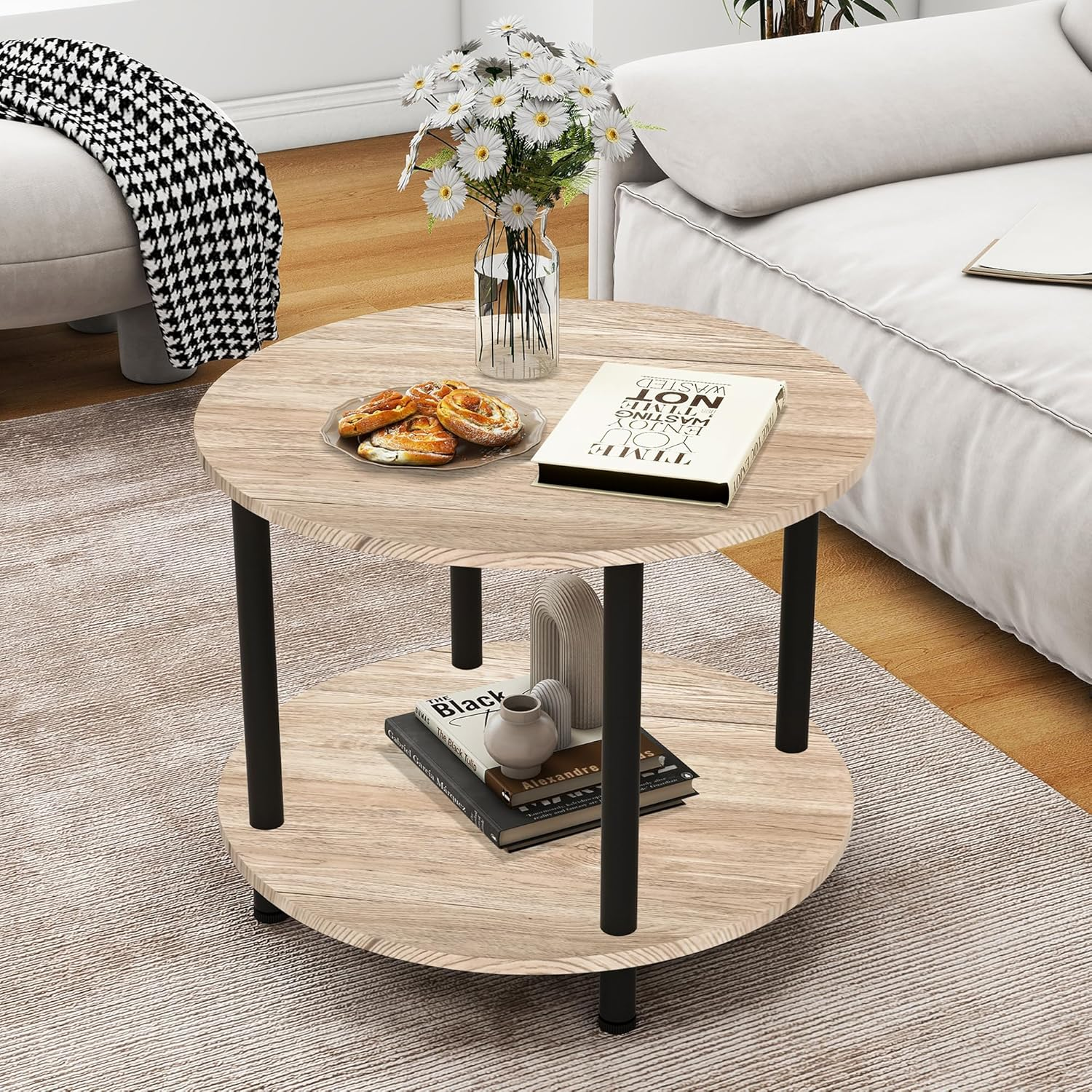 VERFARM 60CM round Coffee Table, 2-Tier Small Circle Coffee Table with Storage, Modern Center Accent Table with Metal Frame, Side Table End Table for Small Space, Living Room, Office, Teak Oak - Black + Rustic Brown image number 6