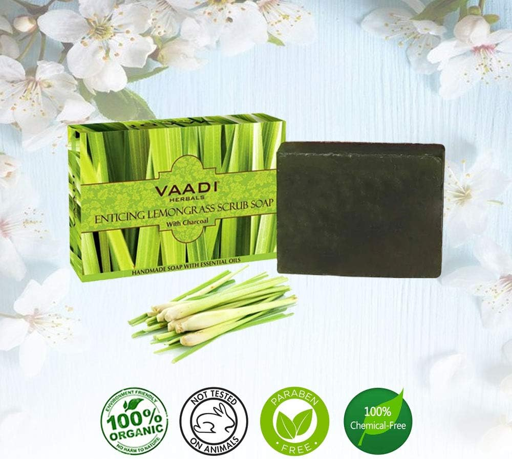 Vaadi Herbals Organic Body Soap Bar Enticing Lemongrass Scrub Soap with Activated Charcoal anti Bacterial Body Soap Bar Sulfate Free Exfoliating Soap - Handmade Herbal Soap (Aromatherapy) with 100% Pure Essential Oils - Deep Pore Cleansing Removes Pimples Oil Control All Skin Type 3 X 75 Gm image number 5