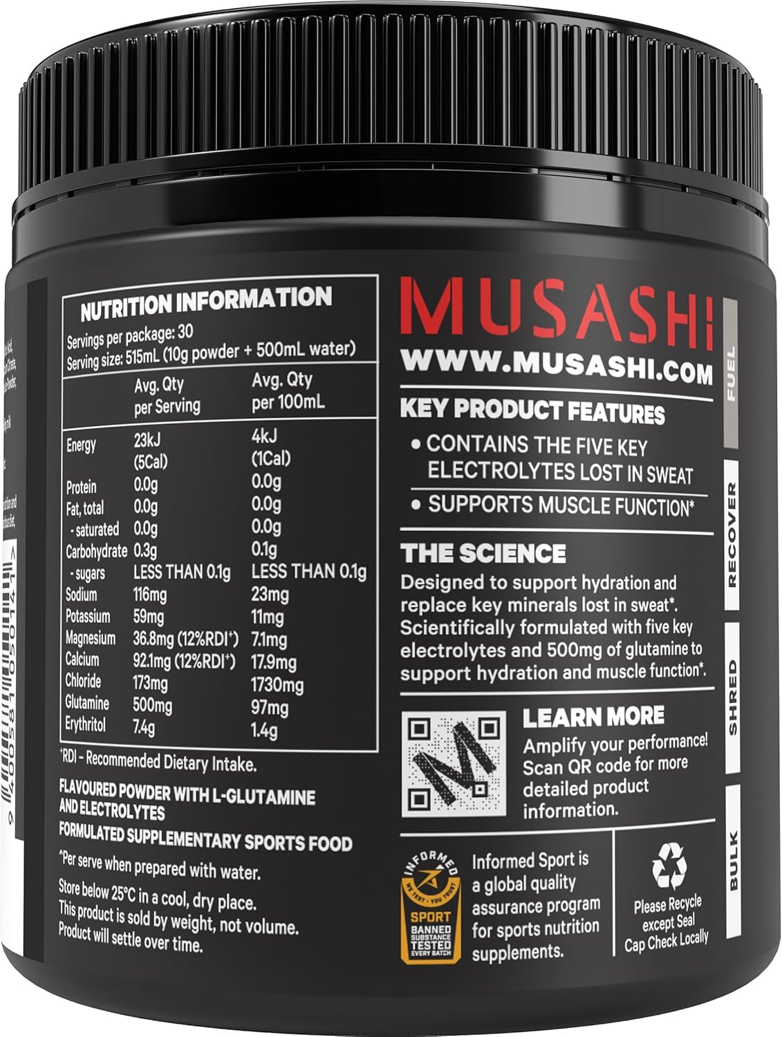 Musashi Electrolyte Powder &ndash; Blue Raspberry Flavour, 300G | Hydration + Recovery | Magnesium, Sodium & Potassium | Zero Sugar | Pre, Intra or Post-Workout Drink Mix image number 1