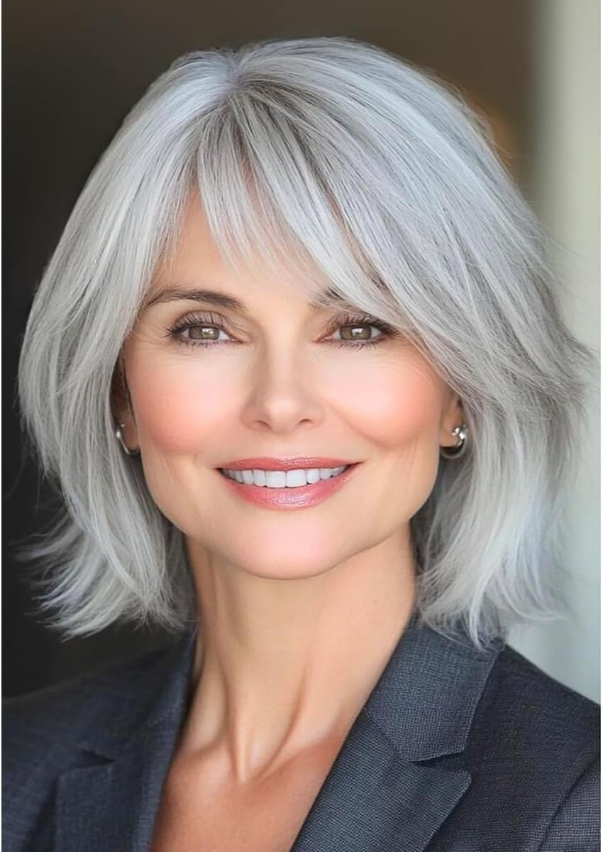 Beweig Brown Wig with Bangs for Women, Natural Curly Bob Wig with Side Bangs, Synthetic Heat Resistant Wigs for Daily Party