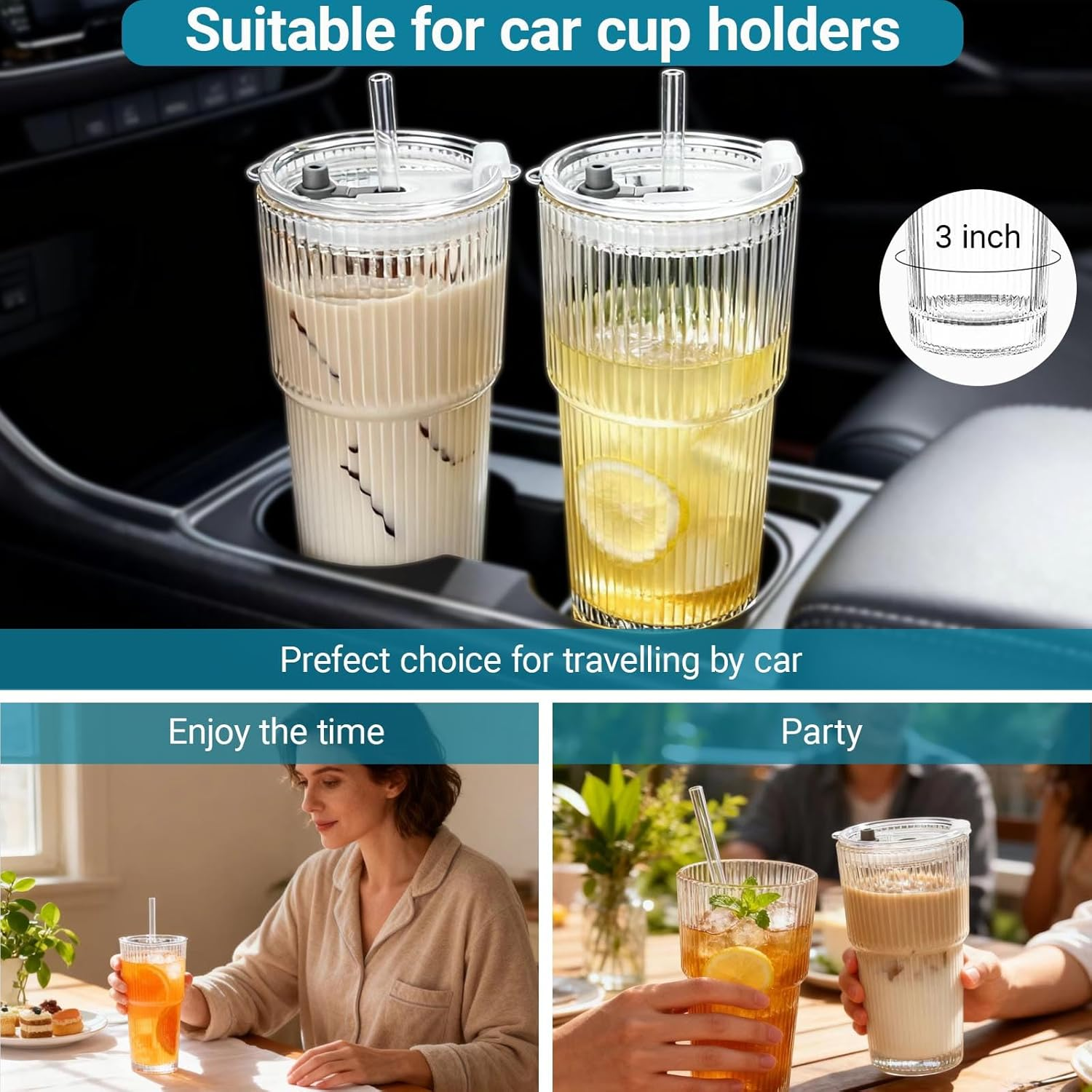 Anowker 20Oz Iced Coffee Glass Cup, Ribbed Glass Tumblers with Lids and Straws, Latte and Smoothie Glasses (4) image number 4