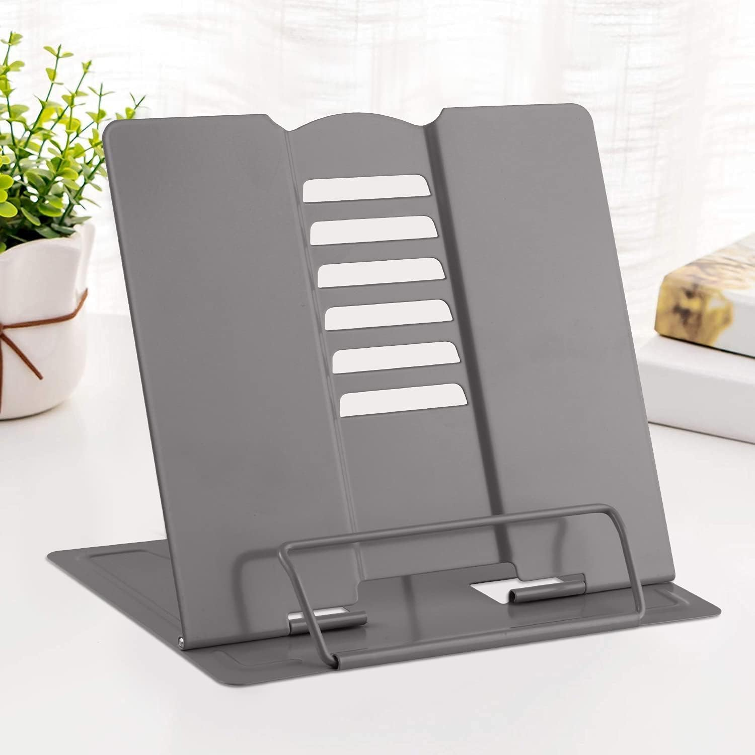 Desk Book Stand Metal Reading Rest Book Holder Angle Adjustable Stand Document Holder Portable Sturdy Lightweight Bookstands-Textbooks Tablet Music Books Cook Recipe (Grey) image number 2