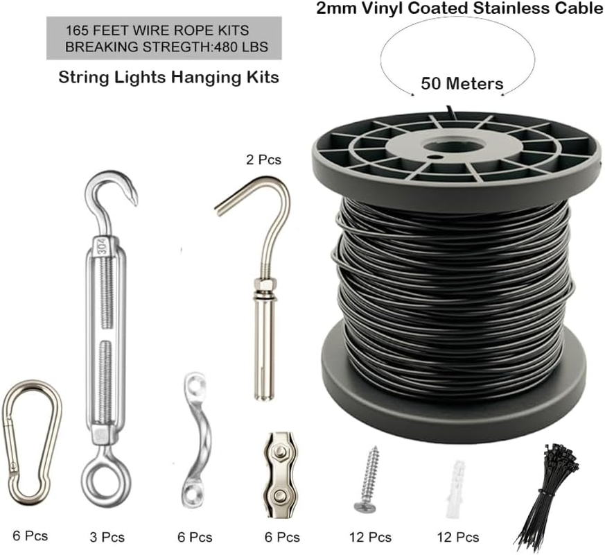 50 Meters Stainless String Lights Hanging Suspension Cable Kit,Yenghome Outdoor Light Guide Wire Rope,Vinyl PVC Coated 304 Stainless Steel Wire Cable with Turnbuckles,Screws and Hooks image number 3
