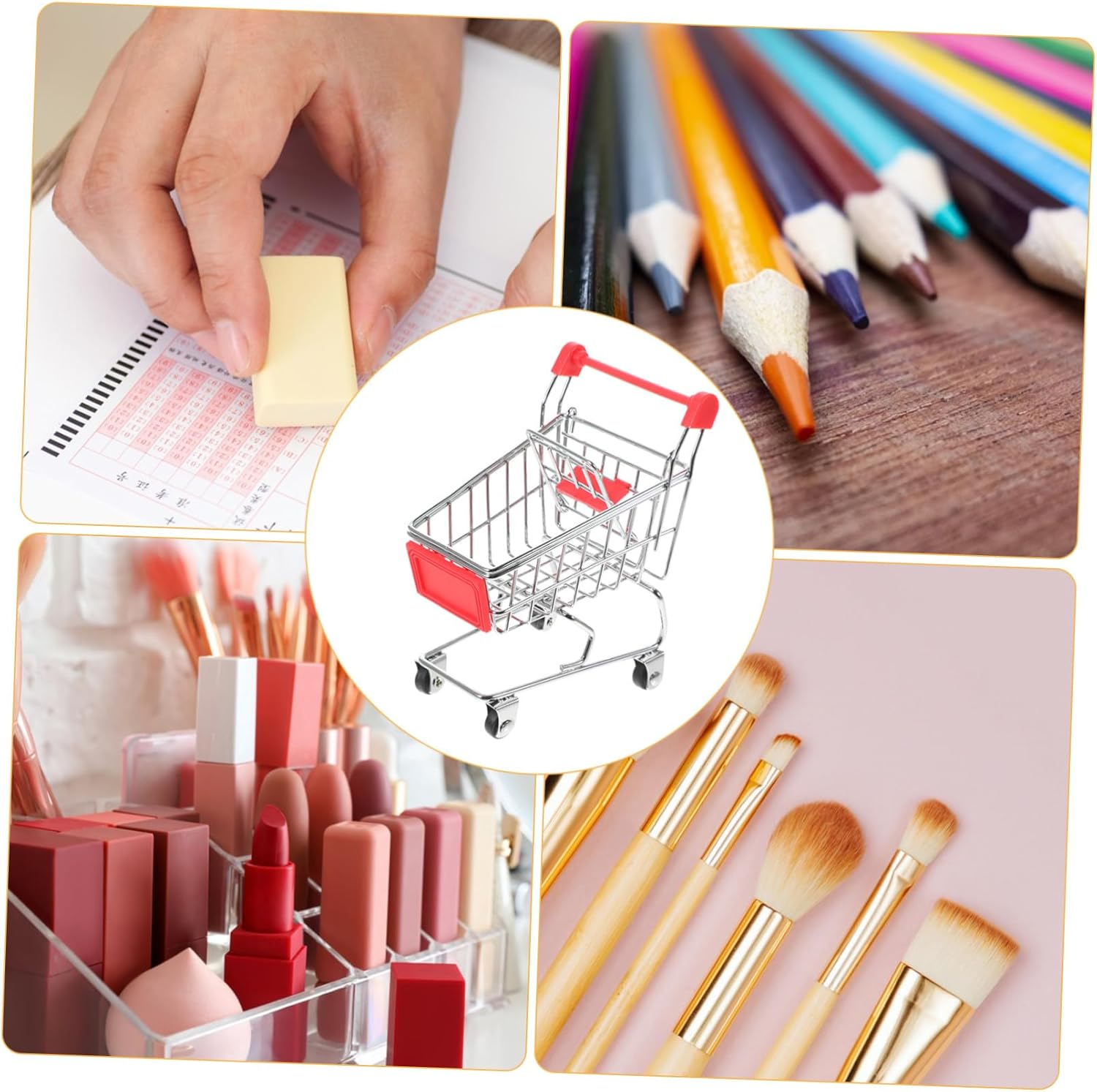 BESPORTBLE Mini Shopping Cart Storage Basket with Wheels Metal Plastic Desktop Organizer for Pens Cosmetics Gadgets Random Color Mini Cart Trolley for Office and Home Use Compact Random Color