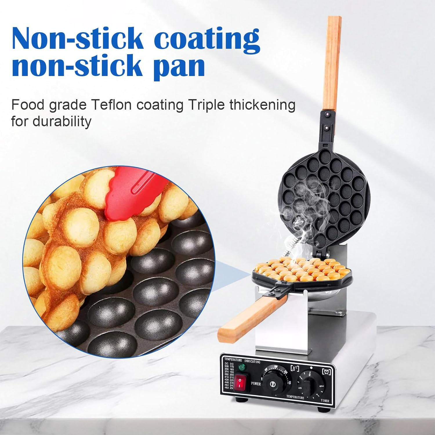 JUMEIYP Commercial Electric Egg Waffle Maker, Bubble Puffle Cake Maker Machine, Non-Stick Pan, 50℃ to 250℃ Temperature and Timer Control, 180&deg; Rotation