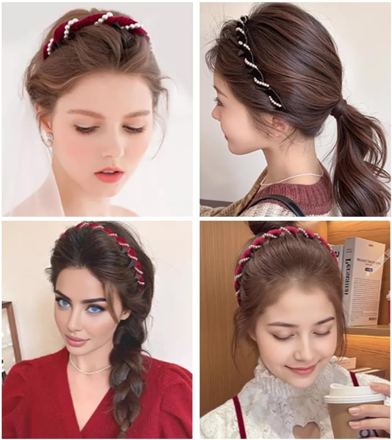 Regulatem/Watchatest Retro High Skull Pearl Headband Set, Vintage Cranium Artificial Pearl Hairband, Reversible Zig Zag Headband, Rhinestones Hair Accessories for Parties and Daily(4Pcs-D) image number 4