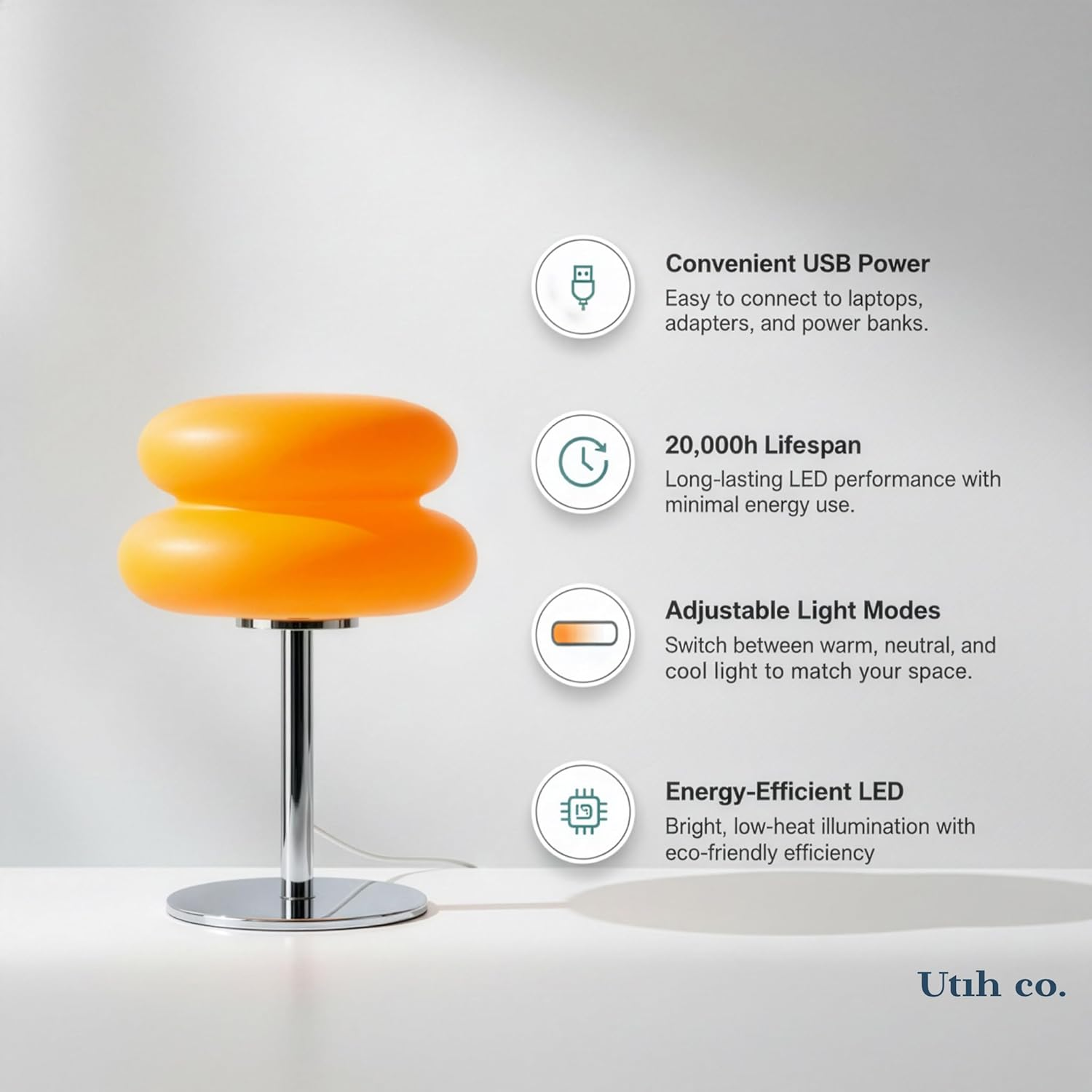 Orange Mushroom Table Lamp - 3 Color Modes & Dimming - Mid Century Modern 70S Retro Decor - Shatterproof PC Shade & Metal Base - Aesthetic Space Age Bedside Light for Bedroom Living Room image number 5