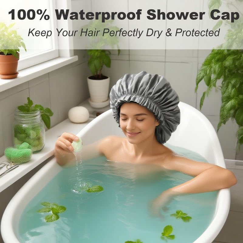 2 Packs Large Waterproof Shower Cap for Long Hair, Reusable Jumbo Shower Bonnets, Shower Head Cover for Locs, Curly, Baids & Wigs, XL Size Hair Cap for Spa Home Salon Use (Grey) image number 4