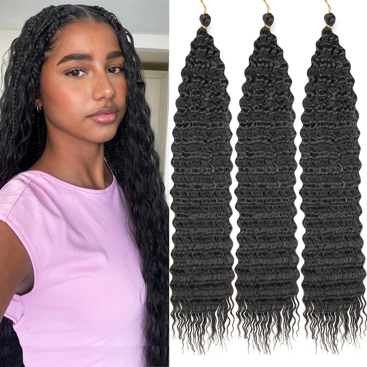 Kachanaa 30 Inch Pre-Separate Deep Wave Braiding Hair Extensions for Goddess River Braids 3 Pack Synthetic Ocean Wave Crochet Hair for Boho Box Braids Blonde EZ Braiding Hair /27#