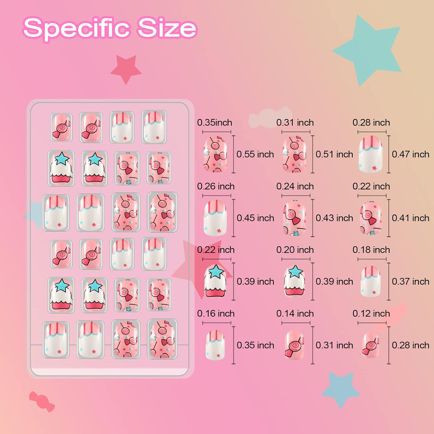 Allstarry 72 Pieces 3 Packs Press-On Nails Pre-Glued Full Cover Glitter Gradient Color for Kids Little Girls Nail Art Decoration - Cute Kitten image number 2